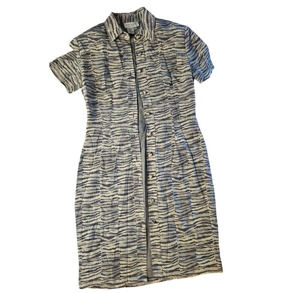Papell Petites Gray Striped Animal Print Short Sleeve 100% Silk Dress, Size 2P - Picture 5 of 5